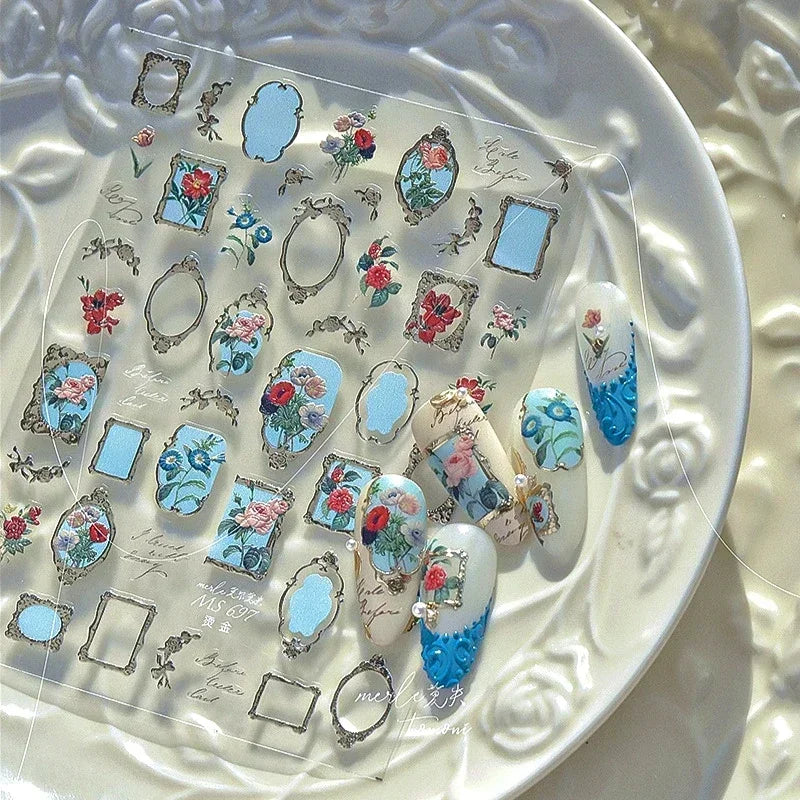 Chic Retro Rose Photo Frame Dried Flower Petal Self Adhesive Nail Art Stickers 5D Hot Stamping Relief Rhinestone Manicure Decals (Online Order Only)