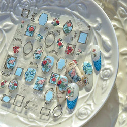 Chic Retro Rose Photo Frame Dried Flower Petal Self Adhesive Nail Art Stickers 5D Hot Stamping Relief Rhinestone Manicure Decals (Online Order Only)
