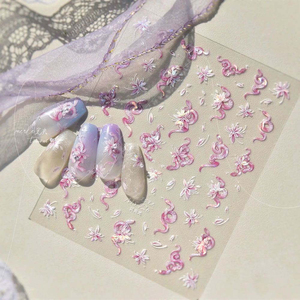 Chic Purple Serpent Flower Winding Snake Elements Shiny Dreamy Animals Self Adhesive Nail Art Sticker Embossment Manicure Decals (ONLINE ORDER ONLY)