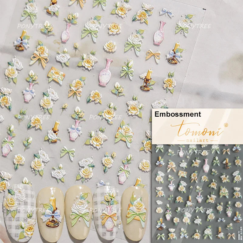 Watercolor Style Rose Flower Colored Rosa Chinensis 3D 5D Flat Reliefs Charming Self Adhesive Nail Art Stickers Manicure Decals (ONLINE ORDER ONLY)
