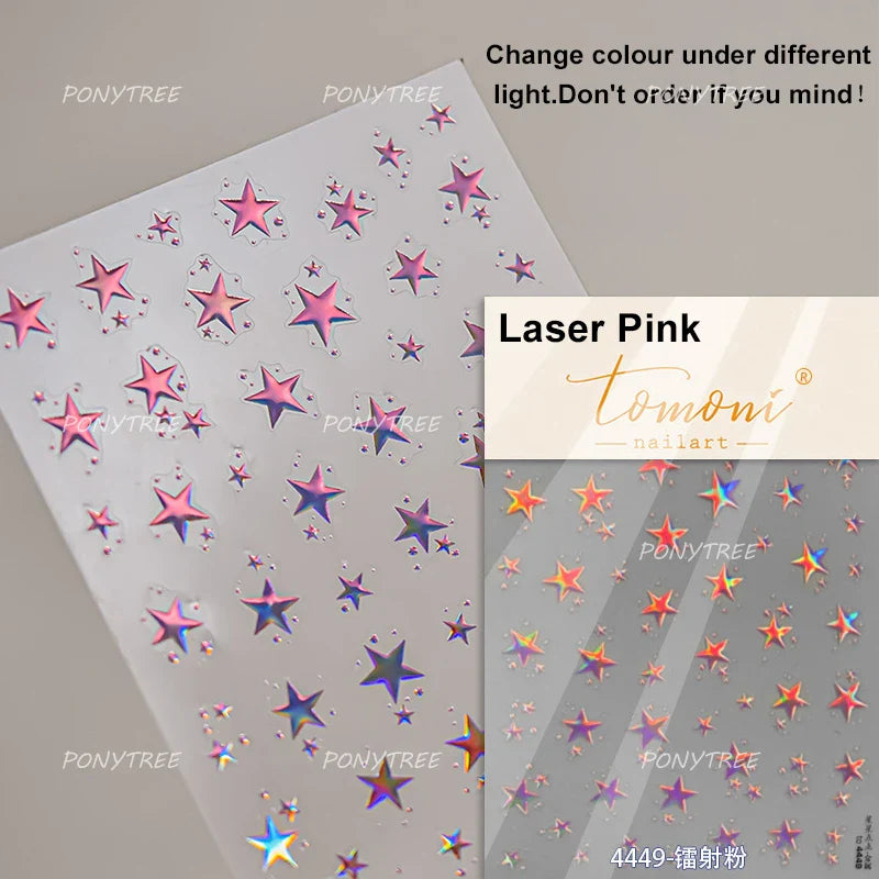 Punk Star Shiny Laser Five-pointed Star White Black Pink Hollow Out Delicate Sparkle Adhesive Nail Art Stickers Manicure Decals (ONLINE ORDER ONLY)