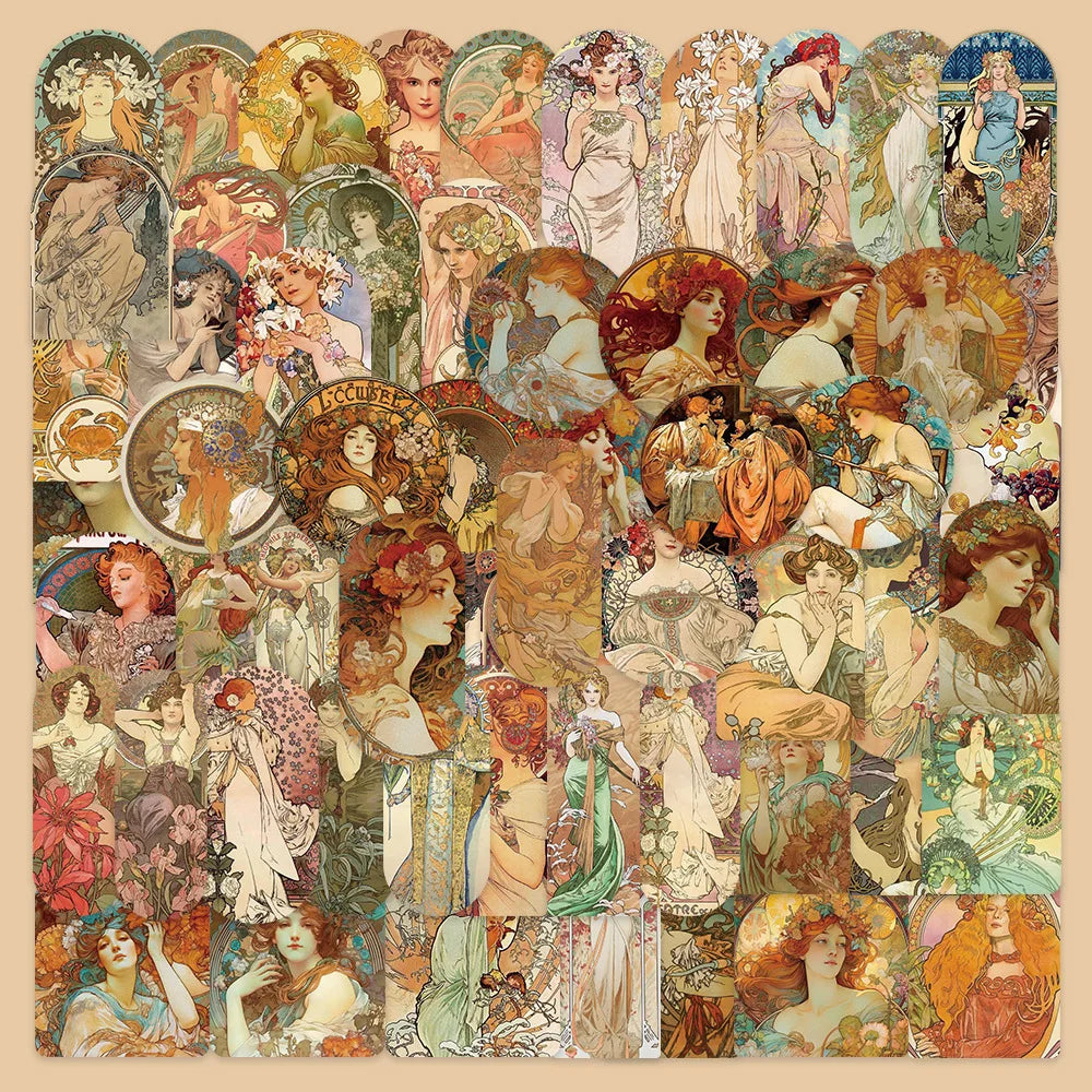60pcs Retro Mucha Graffiti Stickers for Helmet, Wall, Desktop Decoration (ONLINE ORDER ONLY)