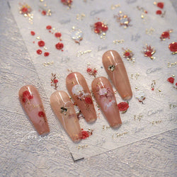 Chic Romantic Red White Flower Hot Stamping 5D Self Adhesive Nail Art Stickers Shiny Dreamy Camellia Rhinestone Manicure Decals (ONLINE ORDER ONLY)