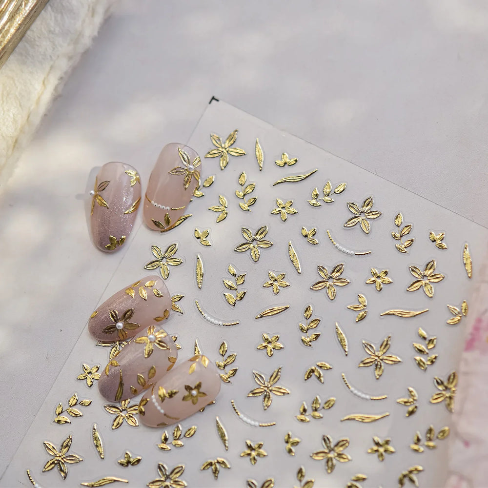 Gold Hot Stamping Flowers Leaves 3D 5D Pearl Bead Delicate Self Adhesive Nail Art Decorations Stickers Manicure Decals Wholesale (Online Order Only)