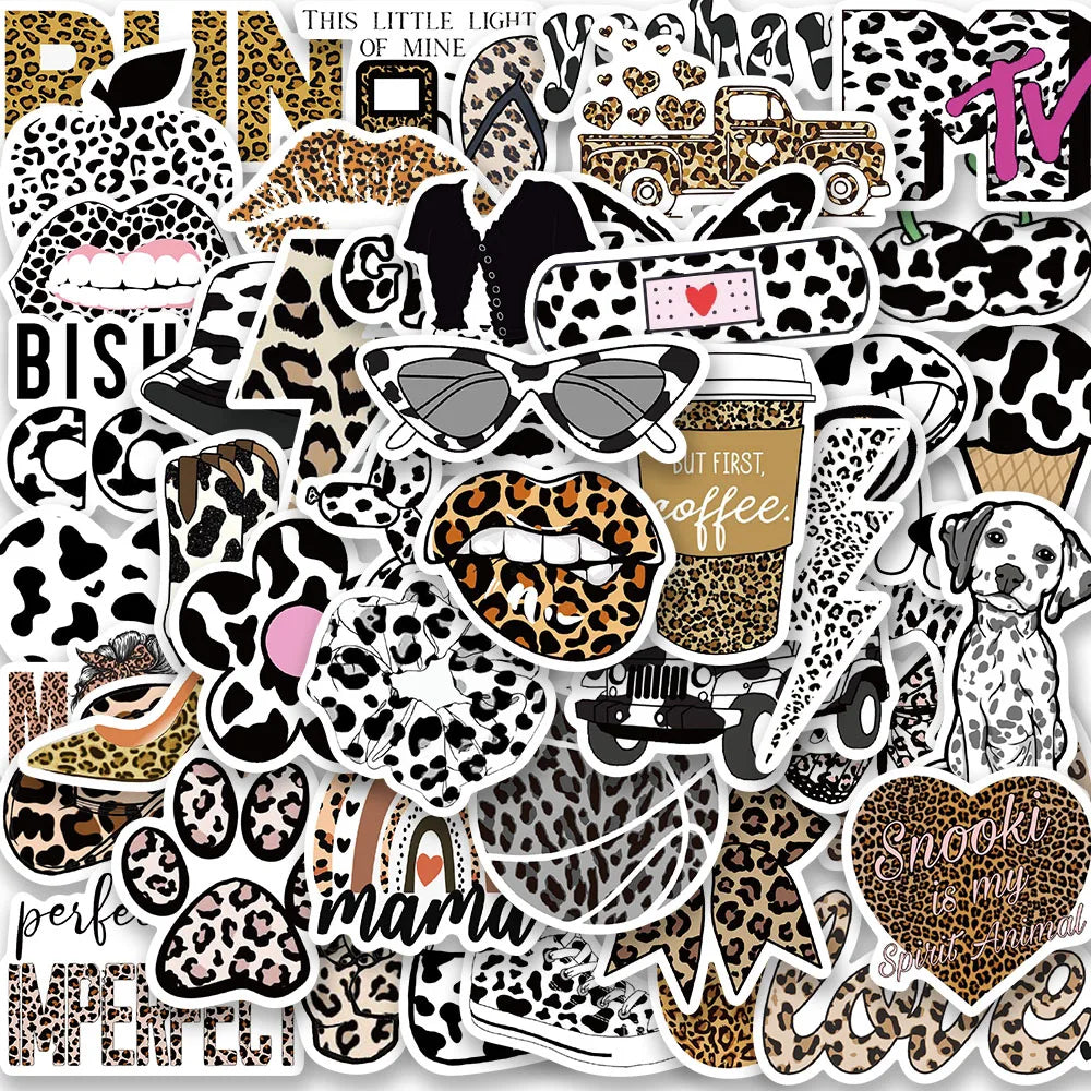 60PCS Leopard Print Vintage Graffiti Cartoon Stickers for Wall, Luggage, Laptop, Car, Phone (Online Order Only)