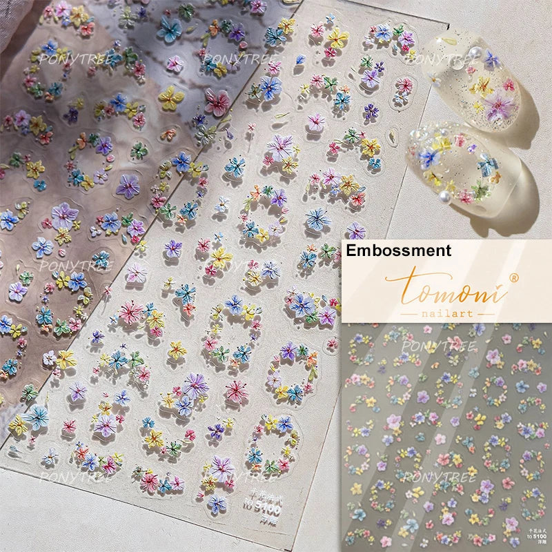Colorful Dried Flowers Wreath Floral Plant Petal Bud Garden Charming 5D Reliefs Self Adhesive Nail Art Stickers Manicure Decals (Online Order Only)