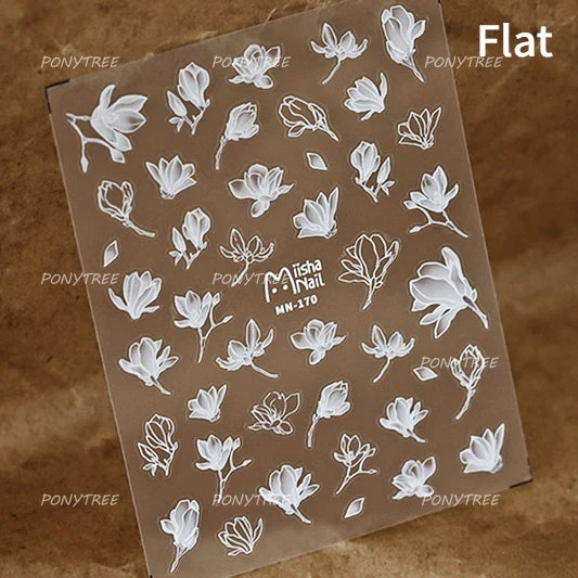Translucent White White Pink Magnolia Rose Flower Floral Soft Embossed Relief Adhesive Nail Art Stickers Chic 3D Manicure Decals (ONLINE ORDER ONLY)