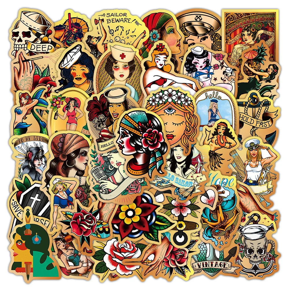 Retro Tattoo Girl Stickers for Phone, Laptop, Luggage, Skateboard - 10/30/50PCS (ONLINE ORDER ONLY)