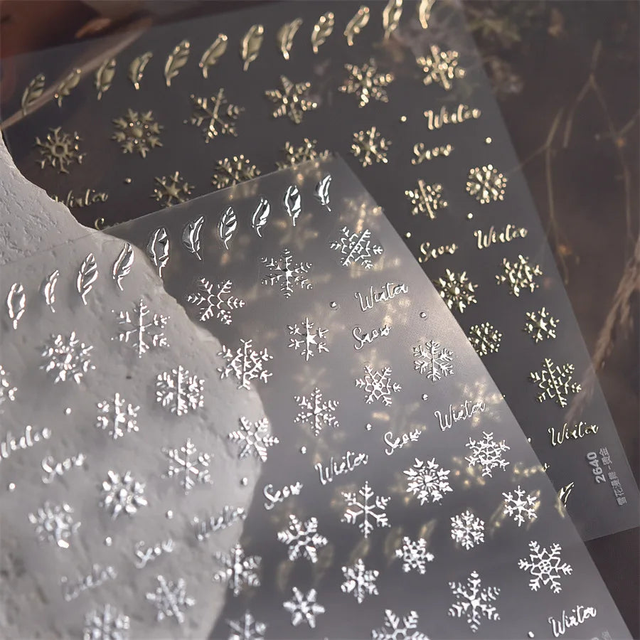 Hot Stamping Romantic White Gold Snowflakes Hexagon Winter 3D Self Adhesive Nail Art Stickers Shiny Rhinestone Manicure Decals (Online Order Only)