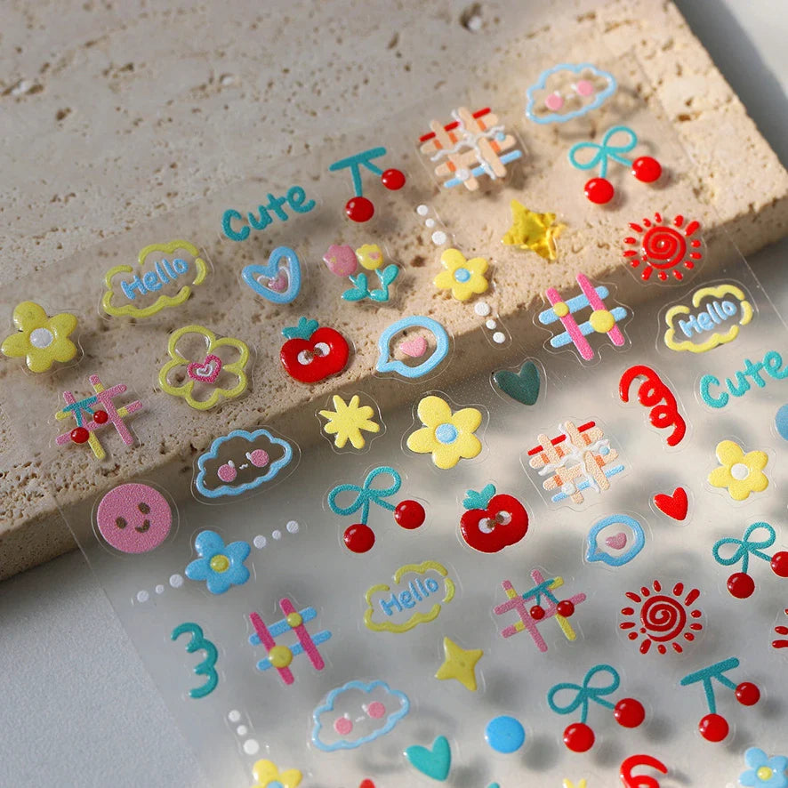 Flower Star Sun Grid Line Interesting Graffiti Tulip Cherry Apple Fruit Dot Painting Adhesive Nail Art Stickers Manicure Decals (ONLINE ORDER ONLY)