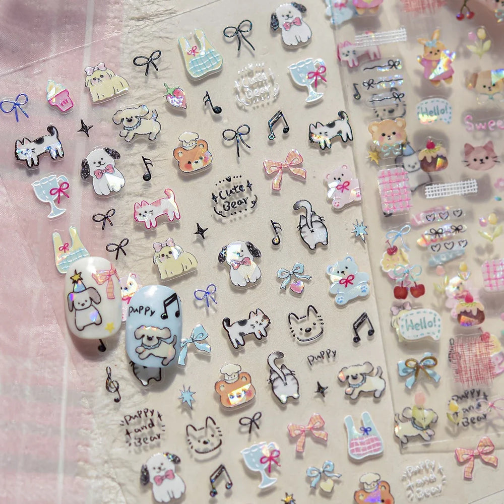 Lovely Animals Cat Dog Bear Party Puppy Kitten Cake Bowknot Flower Love Heart Lace Gird Adhesive Nail Art Sticker Manicure Decal (ONLINE ORDER ONLY)