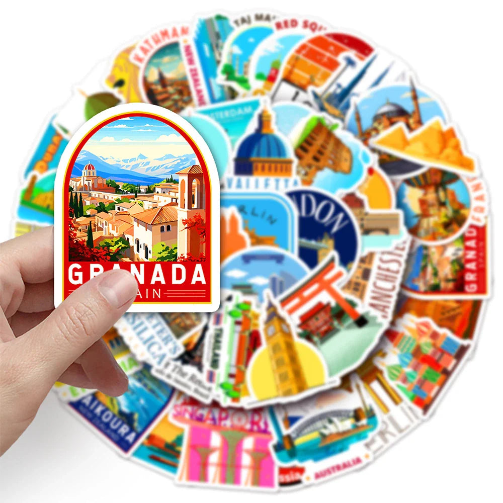 10/30/50pcs Travel City Landmark Building Cartoon Stickers Fridge Laptop Phone Notebook Skateboard Fridge Funny Graffiti Sticker (Online Order Only)