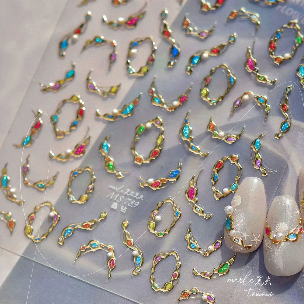 French Lines Gemstone Necklace Gilding Light Luxury Pearl Self Adhesive Nail Art Decorations Stickers Manicure Decals Wholesale (ONLINE ORDER ONLY)