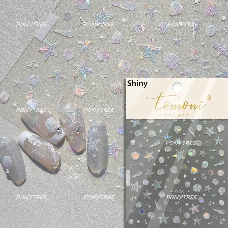 Hot Stamping Laser Shell Conch Starfish Pearl Whale Coral Dolphin Summer Beach Sea Wave Jellyfish Bubble Nail Art Stickers Decal (ONLINE ORDER ONLY)