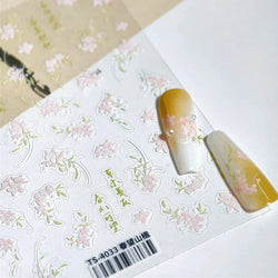 Mountain Flower Peach Blossom Vibrant Flowers Green Leaves Antique Chic Self Adhesive Nail Art Stickers Spring 3D Manicure Decal (ONLINE ORDER ONLY)