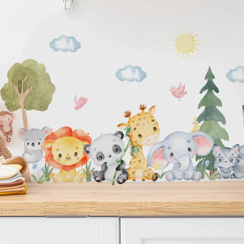 Watercolor Cartoon Lion Elephant Wall Stickers Vinyl Nursery Decals Kids Room Decor (ONLINE ORDER ONLY)