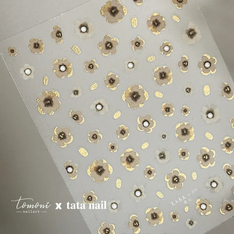 Retro Flowers Petal Pearl Rhinestones Halo Dyeing Chic Daisy Vintage Gold Foil  Floral Designs Nail Art Stickers Manicure Decals (ONLINE ORDER ONLY)