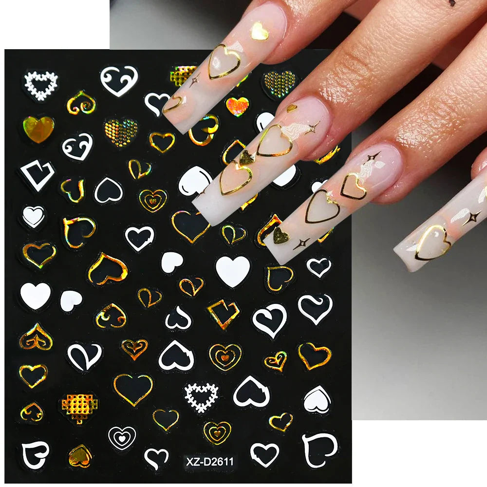 1PC Holographic Laser Heart Nail Stickers-3D Self-Adhesive Golden White Valentines Day Nail Decals For Women Nail Art Decoration (ONLINE ORDER ONLY)