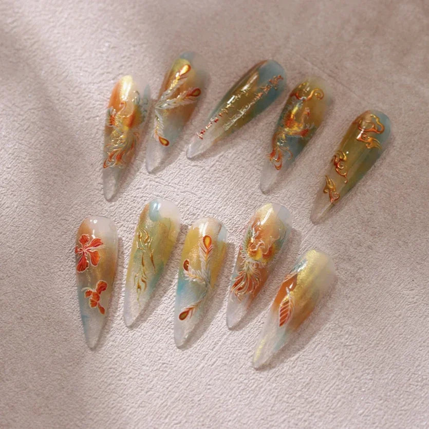 Charming Red Rose Phoenix Flower Wing Leaves Flower Feather Pearl Relief Embossed 5D Adhesive Nail Art Stickers Manicure Decals (ONLINE ORDER ONLY)