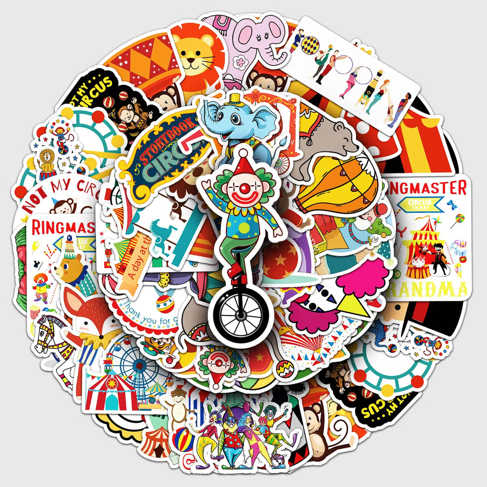 50Pcs Circus Cartoon Waterproof Vinyl Stickers for Skateboard Snowboard Decals (Online Order Only)