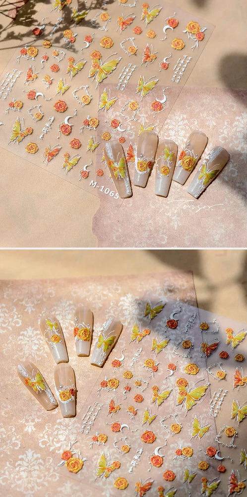 Gradual Asymmetric Butterfly Rose Flower Moon Ancient Poem 5D Reliefs Self Adhesive Nail Stickers JellyManicure Decals Wholesale (Online Order Only)