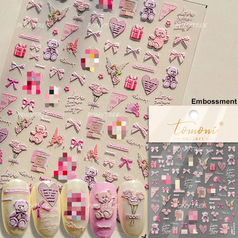 Cute Pet Creamy Rabbit Bear Dog Ribbon Bowknot Lamb Red Painted Heartbeat Flowers Adhesive Nail Art Stickers 3D Manicure Decals (Online Order Only)