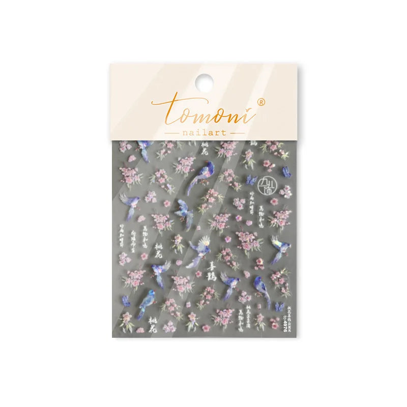 Pink Peach Blossom Blue Magpie Butterfly Bird Wing Tree Branch Animals Plants Shiny 3D Adhesive Nail Art Stickers Manicure Decal (ONLINE ORDER ONLY)