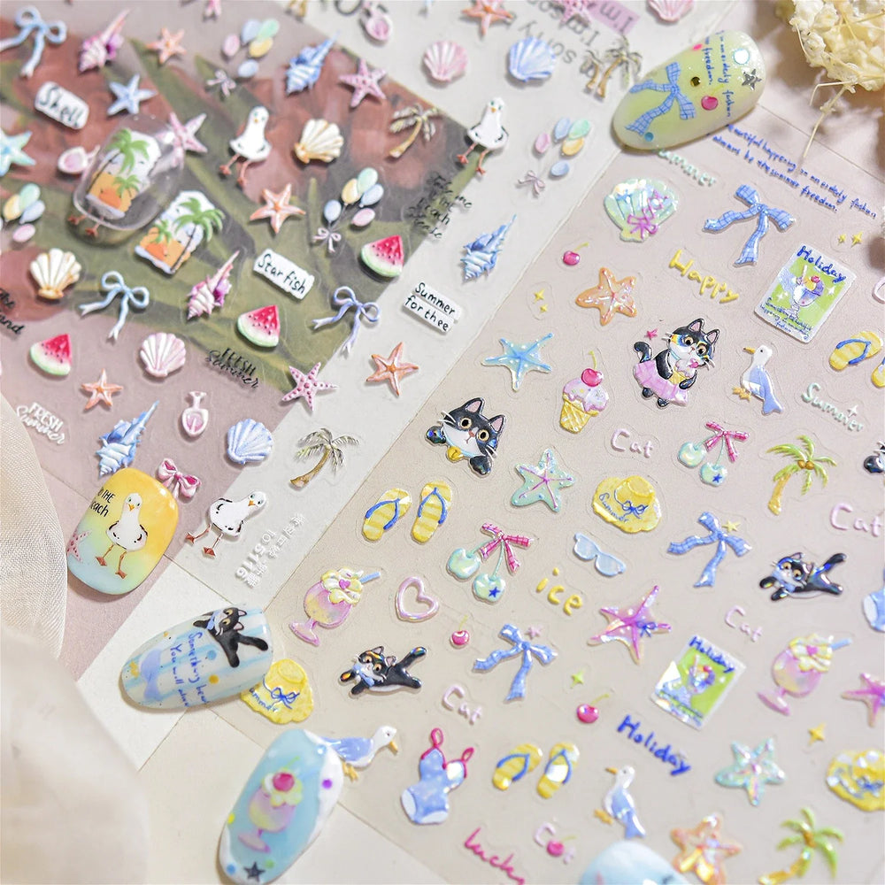 Summer Beach Bikini Watermelon Duck Cat Ice Cream Shell Coconut Tree Cherry Starfish Sunglasses Nail Art Sticker Manicure Decals (ONLINE ORDER ONLY)