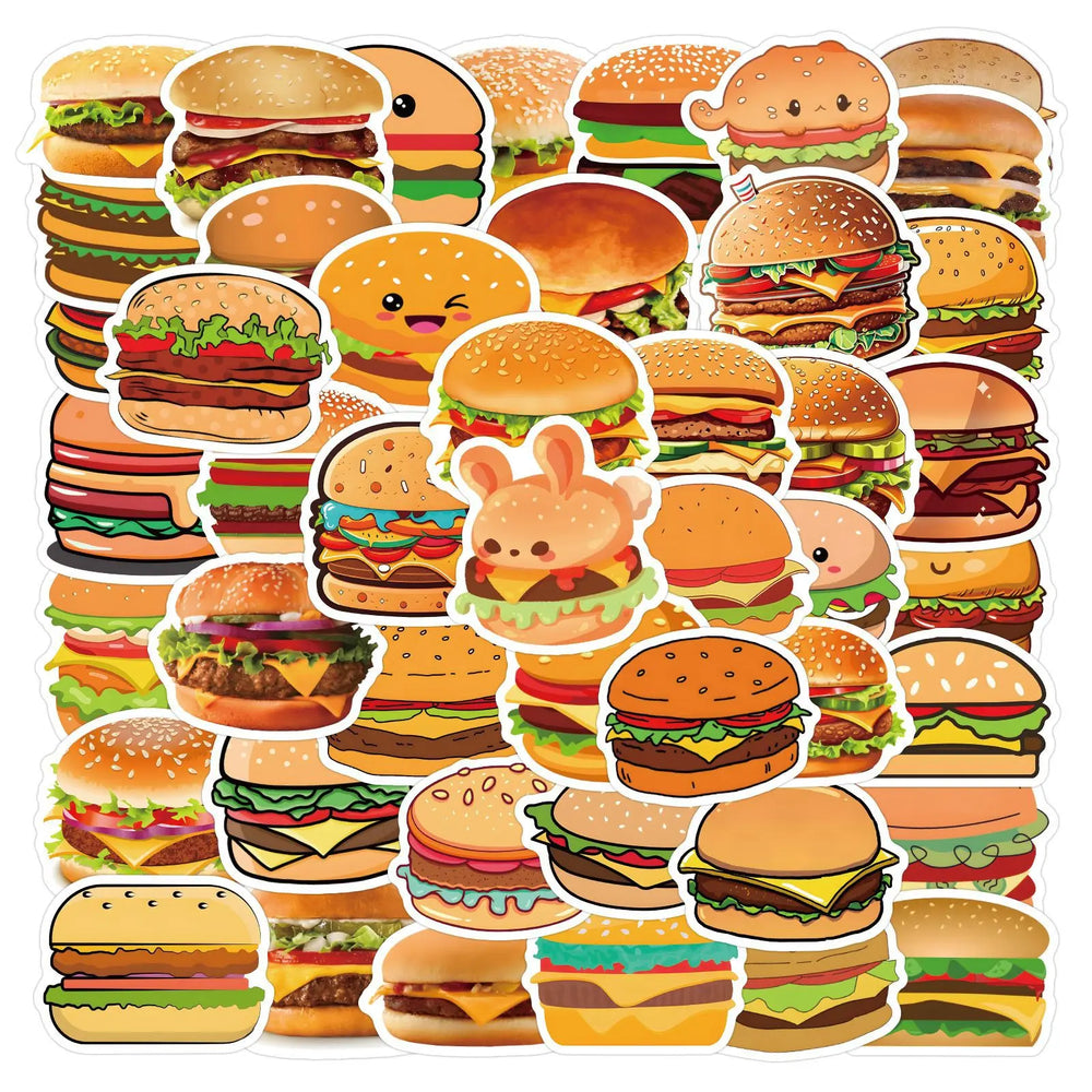 Hamburger Cartoon Stickers Pack - Cute Food Meme Decals for Scrapbook, Laptop, Phone, Guitar, Car, Bike (ONLINE ORDER ONLY)