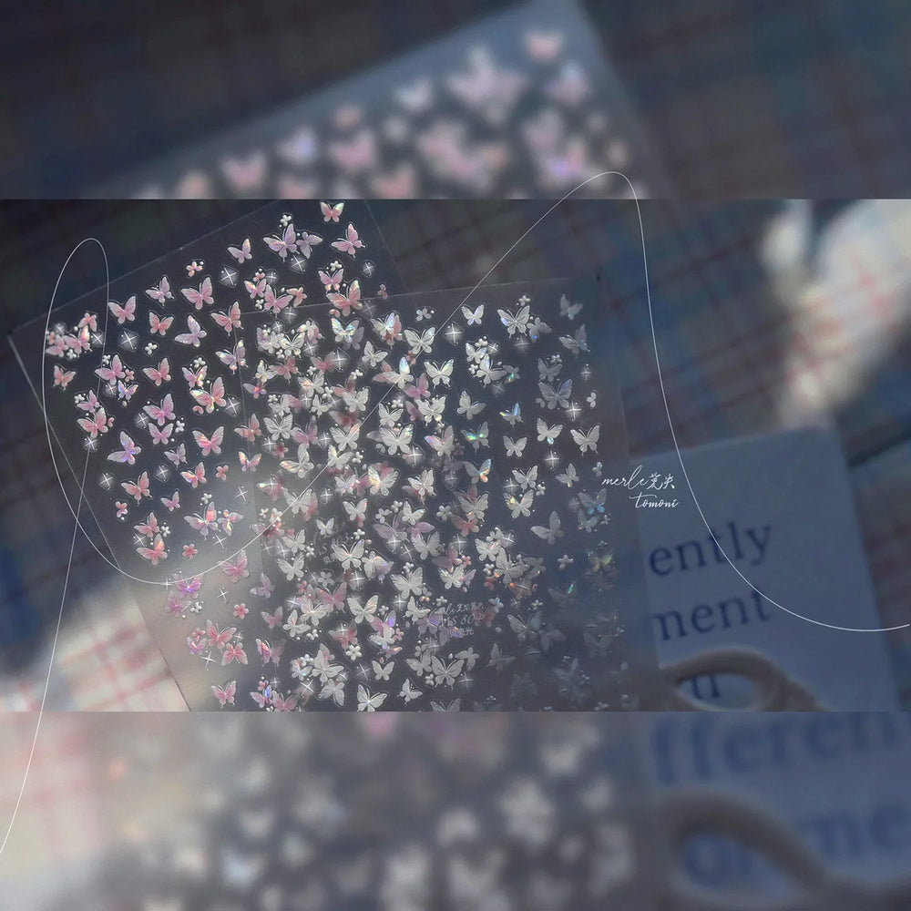 Shiny Butterfly White Pink Purple Romantic Animals Retro Photo Frame Chic Delicate Adhesive Nail Art Stickers 5D Manicure Decals (ONLINE ORDER ONLY)