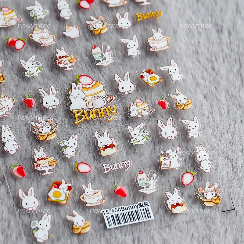 Cute Rabbit Fan Peach Blossom Teacup Lollipop Strawberry Star Cherry Hat Soft Embossed Adhesive Nail Art Stickers Manicure Decal (ONLINE ORDER ONLY)
