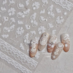 French Romantic Lace Flower Fabric Art Pearl Pendant Portrait Bowknot Textile Printing Delicate Nail Art Stickers Manicure Decal (ONLINE ORDER ONLY)