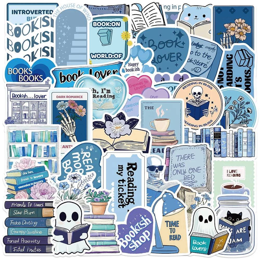 Cartoon Blue Bookish Reading Stickers for Laptop, Skateboard, Phone, Car - 10/30/50PCS (Online Order Only)