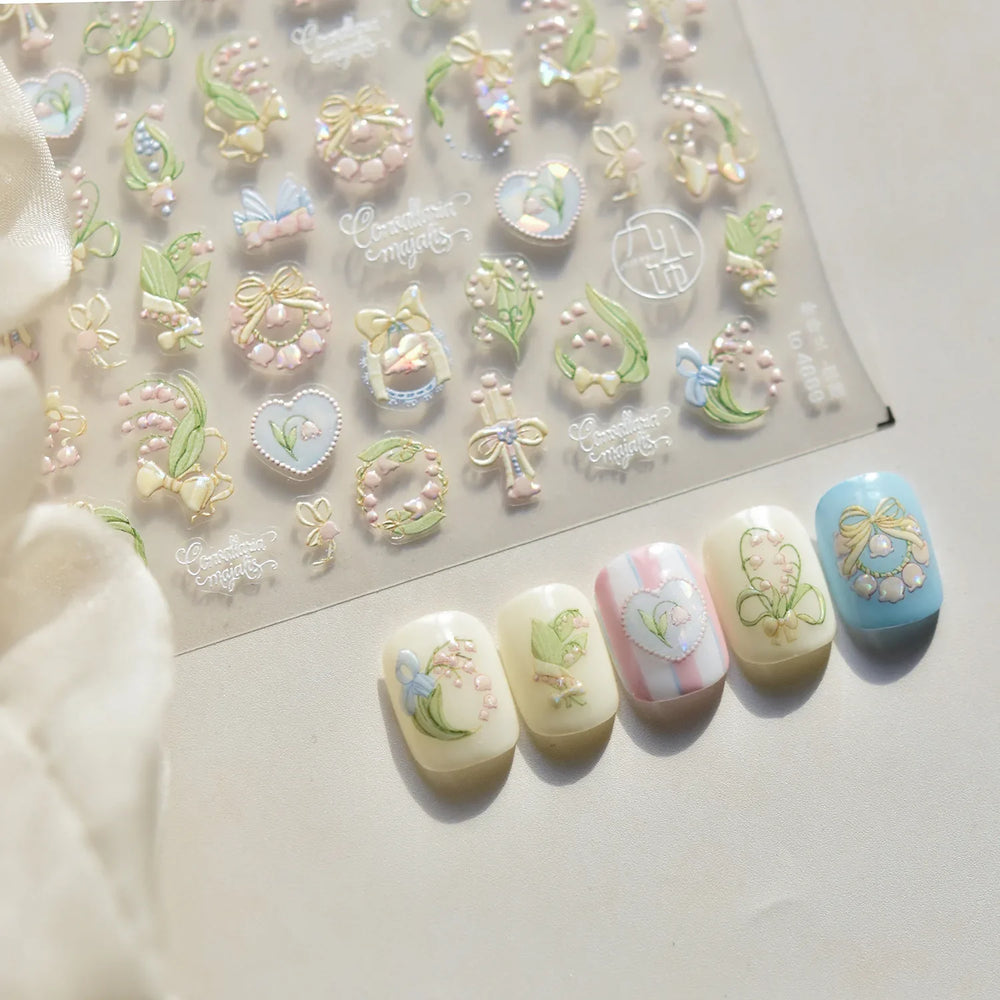 Spring Pink Lily of The Valley Flowers Blooming Blue Bowknot Heart 5D Soft Relief Self Adhesive Nail Art Sticker Manicure Decals (Online Order Only)
