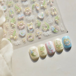 Spring Pink Lily of The Valley Flowers Blooming Blue Bowknot Heart 5D Soft Relief Self Adhesive Nail Art Sticker Manicure Decals (Online Order Only)
