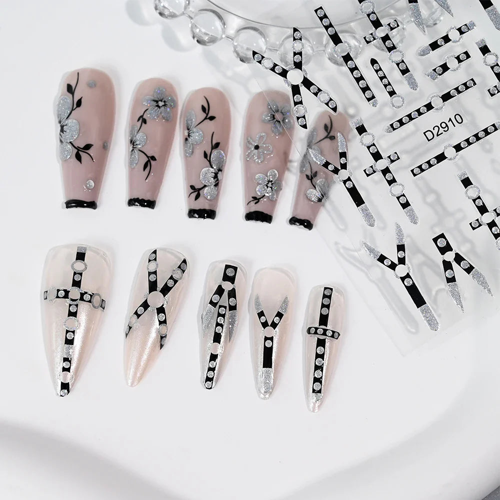 10pcs/Set Sparkling Silvery Floral Nail Art Stickers Self-Adhesive Glittery 5D Hibiscus & Cherry Blossom Decals for Manicure DIY (Online Order Only)