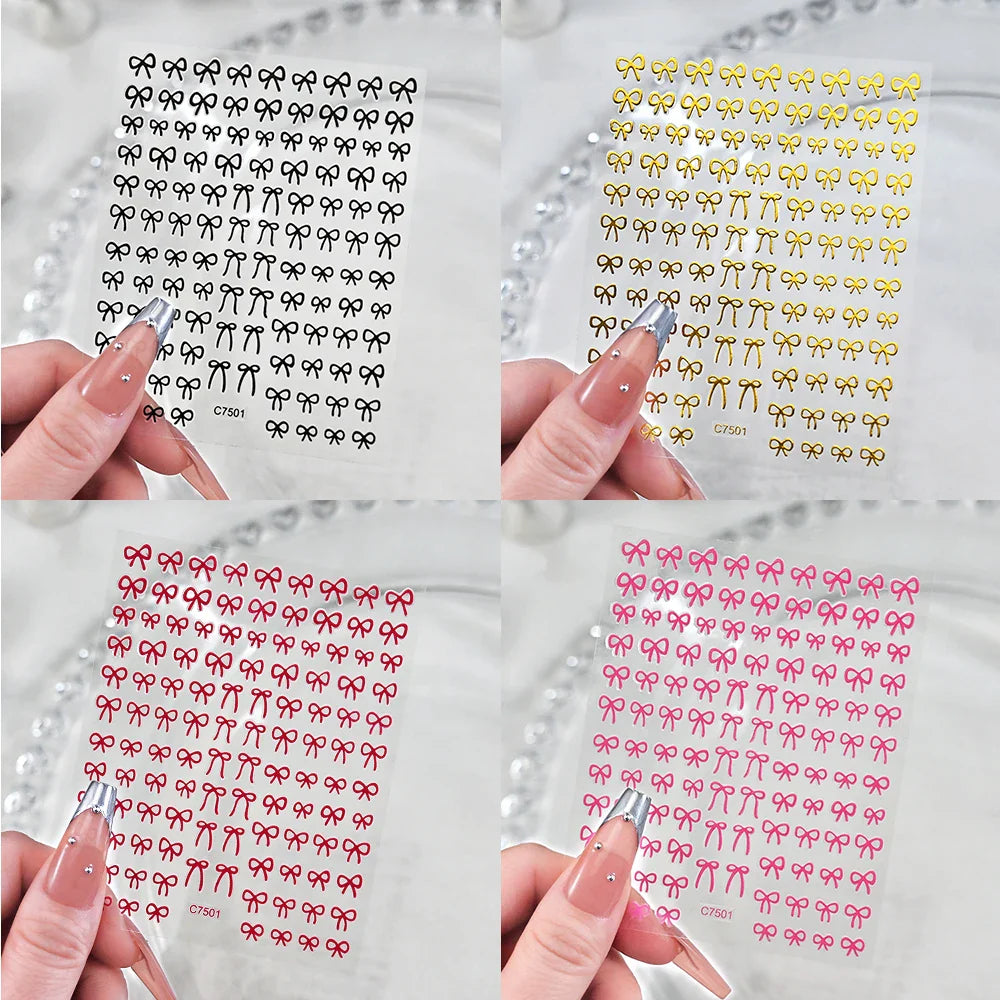 6pcs/Set Lovely Line Bowknot Nail Sticker Gold Silver Black White Pink Red Bow Tie Mini Bowknot 3D Self Adhesive Manicure Decals (ONLINE ORDER ONLY)