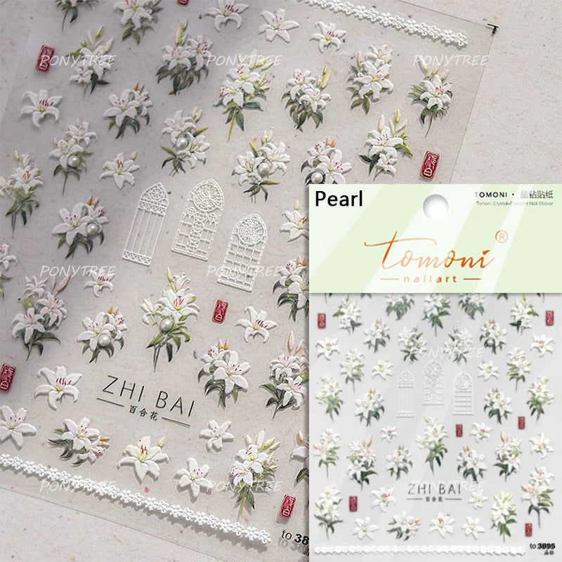 Spotless Lily Lilium Flowers Moon Pearl Crown Lily-white Pearl Necklace Pendant Self Adhesive Nail Art Stickers Manicure Decals (Online Order Only)