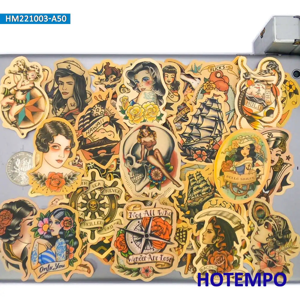 20/30/50Pieces Old School Style Sailor Tattoo Girls Retro Graffiti Stickers for Phone Luggage Bike Car Motorcycle Laptop Sticker (Online Order Only)