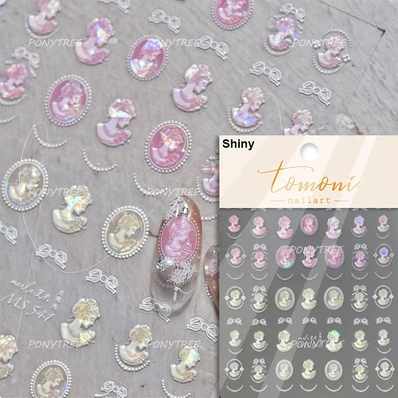 French Romantic Lace Flower Fabric Art Pearl Pendant Portrait Bowknot Textile Printing Delicate Nail Art Stickers Manicure Decal (ONLINE ORDER ONLY)