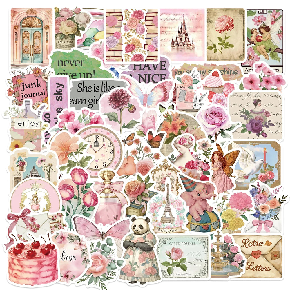 50PCS Retro Pink Collage Doodles Sticker Waterproof Graffiti Sticker Art Picture Luggage Home Scrapbook Cartoon Laptop (ONLINE ORDER ONLY)