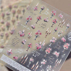 Romantic Candle Holder Lace Rambler Rose Pink Flower Bowknot Candlestick Ribbon Adhesive Nail Art Stickers Shiny Manicure Decals (ONLINE ORDER ONLY)