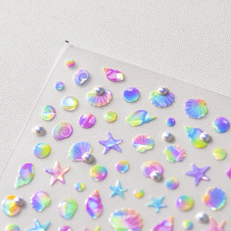 Fantasy Beach Summer Dreamy Colorful Seasnail Shell Pearl Conch Jelly Star 5D Decals Soft Relief 3D Decoration Nail Art Stickers (Online Order Only)