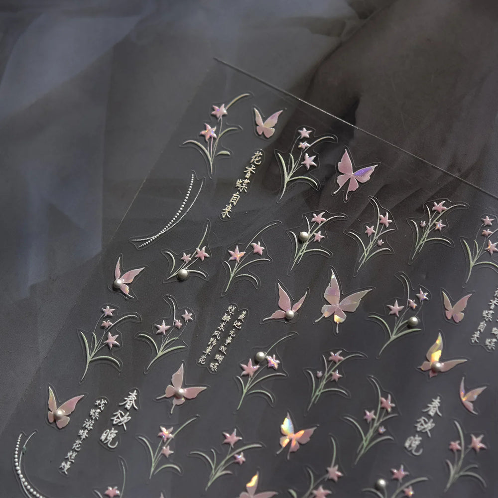 Vigorous Pink Orchid Cymbidium Antique Fragrant Thoroughwort Grass Butterfly Adhesive Nail Art Sticker Plant 3D Manicure Decals (ONLINE ORDER ONLY)