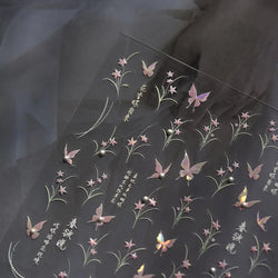 Vigorous Pink Orchid Cymbidium Antique Fragrant Thoroughwort Grass Butterfly Adhesive Nail Art Sticker Plant 3D Manicure Decals (ONLINE ORDER ONLY)