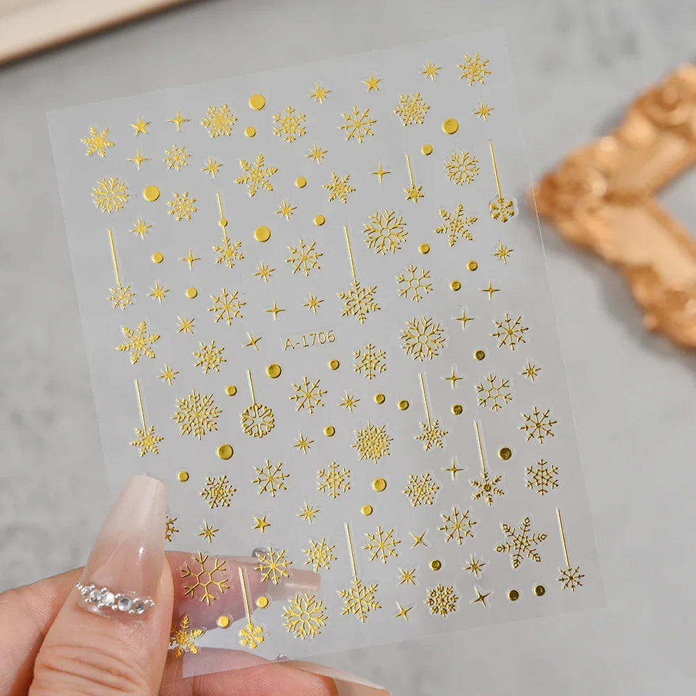 3D Gold Glitter Snowflake Nail Sticker Winter Reflective Elk Star Balloon Christmas Tree Foil Xmas New Year Decal Tips Decoratio (ONLINE ORDER ONLY)