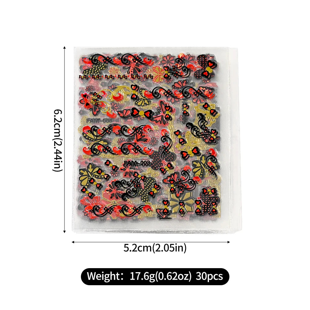 30Pcs/Set Red Golden 3D Nail Art Sticker Hot Stamping Hollow Decals Mixed Designs Adhesive Flower Nail Tips Letter Butterfly Set (Online Order Only)