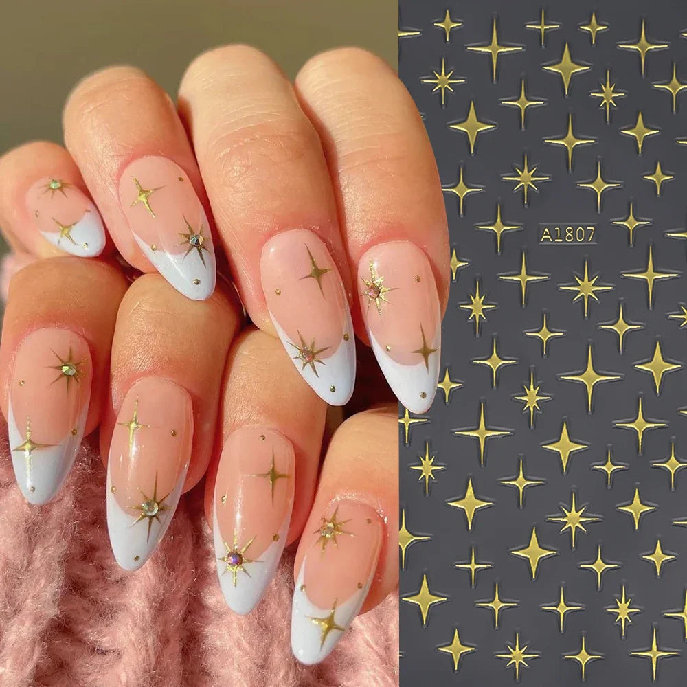 1 Sheet Star Nail Art Stickers 3d Self Adhesive Nail Decals Black White Golden Silver Color Star Design Nail Supplies Accessory (ONLINE ORDER ONLY)