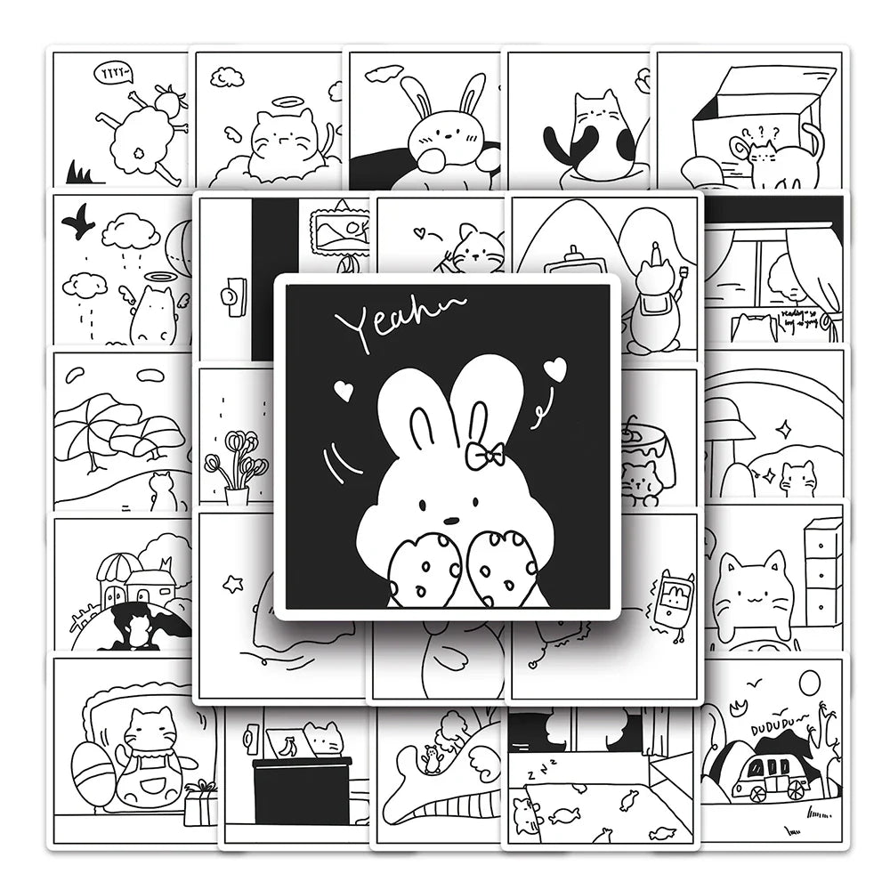 10/30/50PCS Simple Animals Cat Stickers Black White Cartoon Decals DIY Laptop Scrapbook Phone Suitcase Cute Kids Sticker Toys (ONLINE ORDER ONLY)