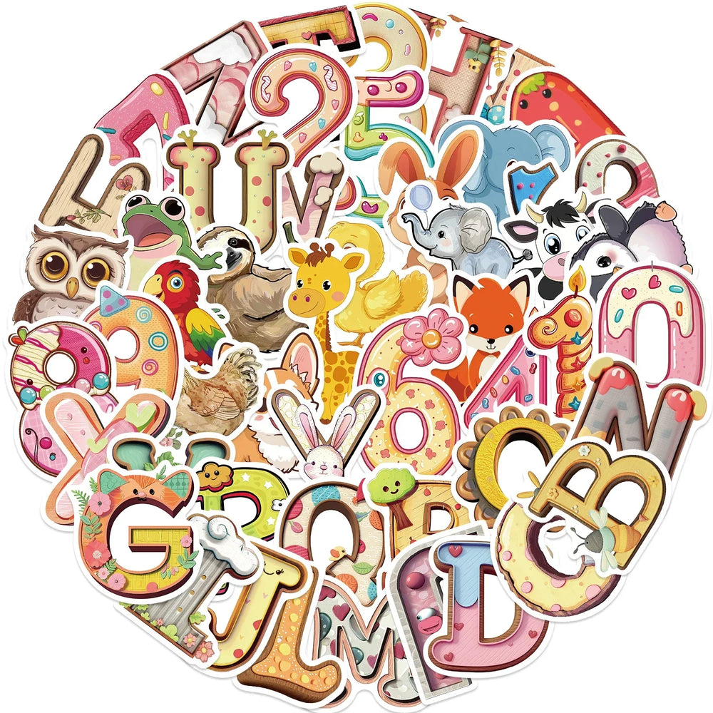 50pcs Cute Funny Alphanumeric Cartoon Stickers DIY For Scrapbooking Guitar Snowboard Motorcycle Luggage Toy Sticker Decals (ONLINE ORDER ONLY)
